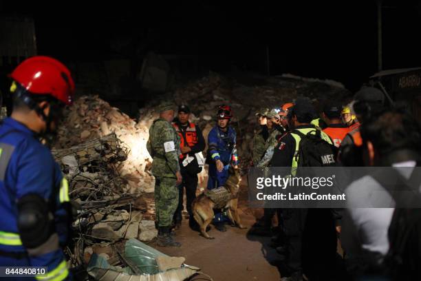 Rescuers from different federal corporations and canine agents try to find a a member of the local police department caught under the wreckage after...
