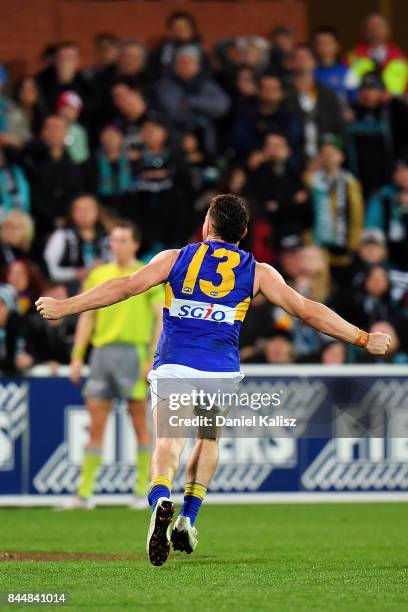 Luke Shuey of the Eagles celebrates after kicking the winning goal during the AFL First Elimination Final match between Port Adelaide Power and West...