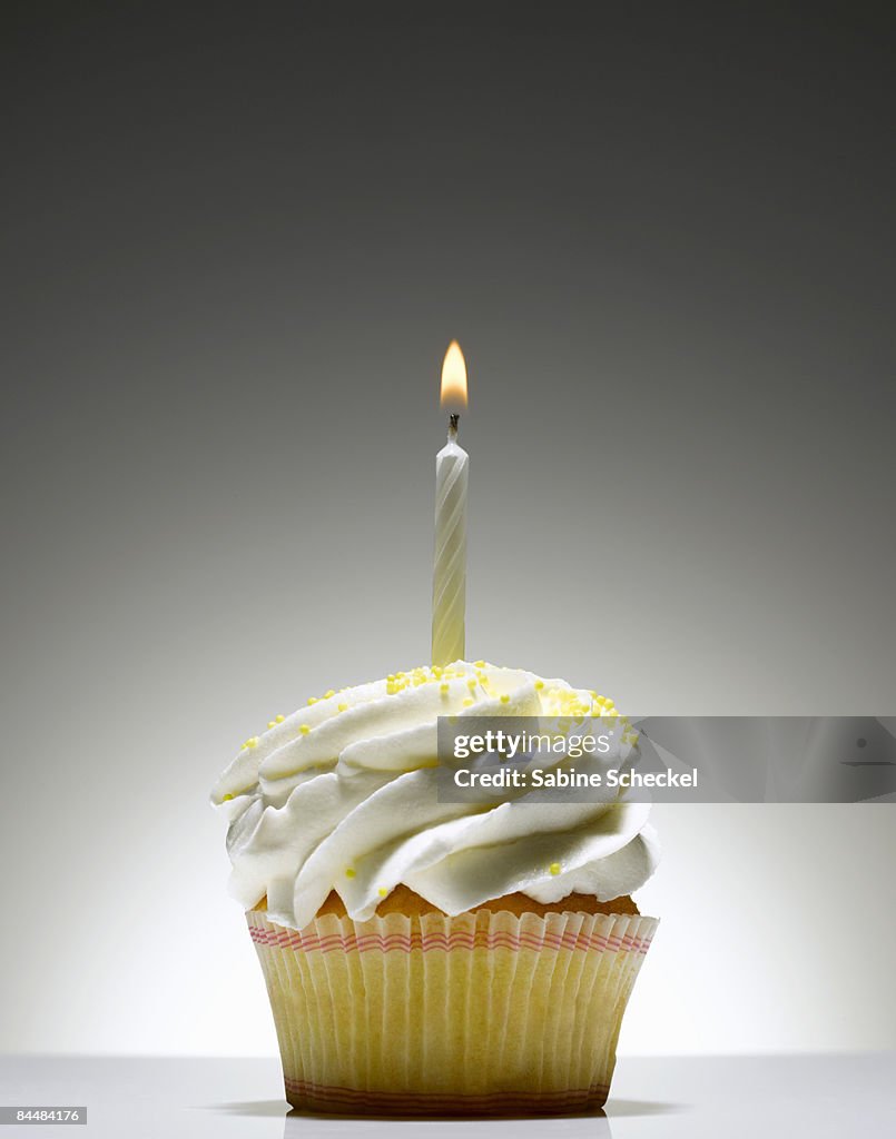White birthday candle burning on cupcake
