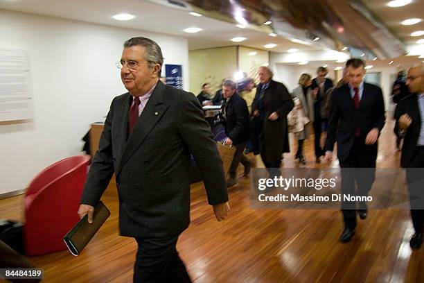 Italian financier Carlo De Benedetti leaves the Palazzo Mezzanotte after a press conference on January 26, 2009 in Milan, Italy. De Benedetti, who...