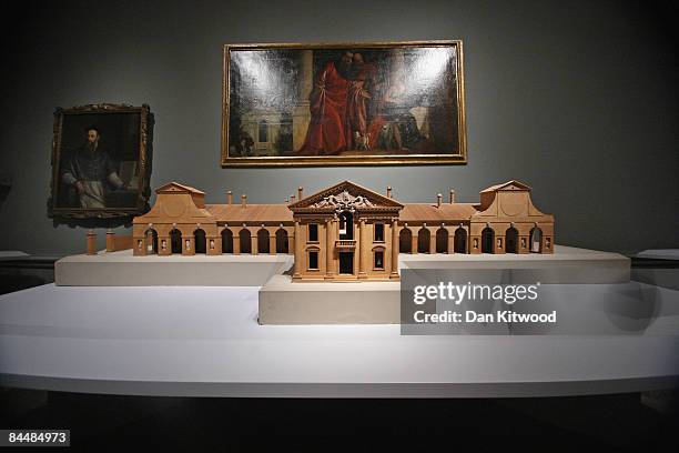 Scale model of 'Villa Barbaro' sits in front of 'Susanna and the Elders' by Andrea Palladio, at the Royal Academy of Arts on January 27, 2008 in...