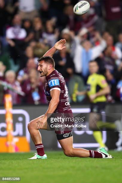 Lewis Brown of the Sea Eagles celebrates scoring a try during the NRL Elimination Final match between the Manly Sea Eagles and the Penrith Panthers...