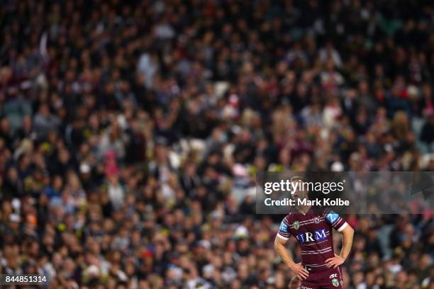 Daly Cherry-Evans of the Sea Eagles watches on during the NRL Elimination Final match between the Manly Sea Eagles and the Penrith Panthers at...