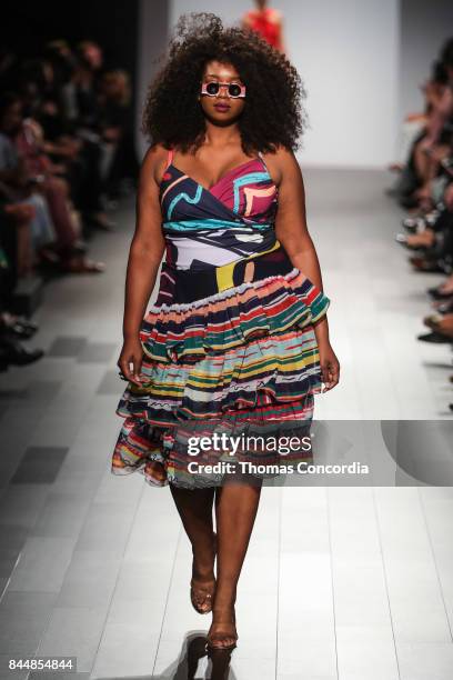 Model walks the runway wearing project runway design at Gallery 1, Skylight Clarkson Sq on September 8, 2017 in New York City.