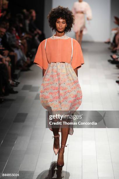 Model walks the runway wearing project runway design at Gallery 1, Skylight Clarkson Sq on September 8, 2017 in New York City.