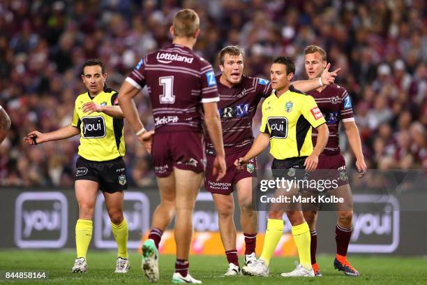 Jake Trbojevic of the Sea Eagles maes his point to referee Adam Gee during the NRL Elimination Final match between the Manly Sea Eagles and the...