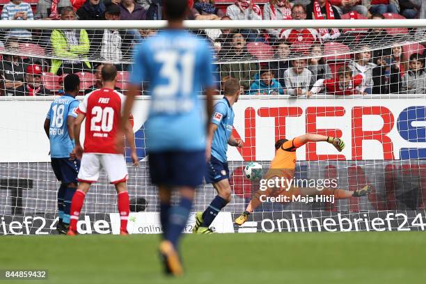 Yoshinori Muto of Mainz scored his teams first goal to make it 1:1 during the Bundesliga match between 1. FSV Mainz 05 and Bayer 04 Leverkusen at...