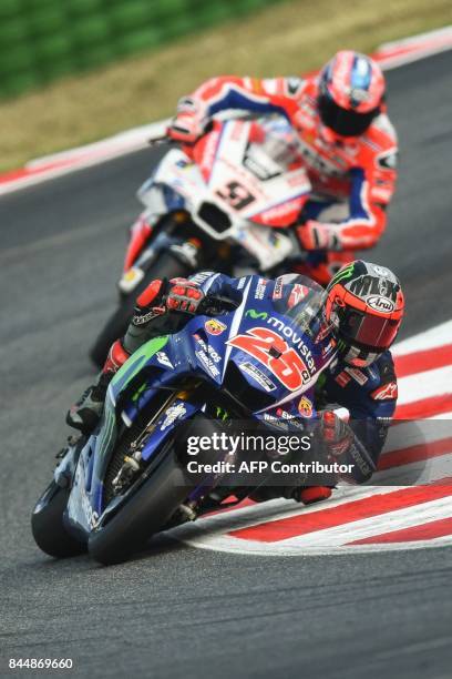 Movistar Yamaha's spanish rider Maverick Vinales rides his bike during a qualifying session for the San Marino Moto GP Grand Prix race at the Marco...