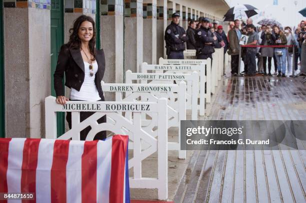 Michelle Rodriguez attends the naming ceremony of her dedicated beach cabana during the 43rd Deauville American Film Festival on September 8, 2017 in...