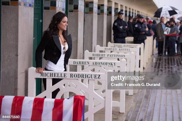 Michelle Rodriguez attends the naming ceremony of her dedicated beach cabana during the 43rd Deauville American Film Festival on September 8, 2017 in...