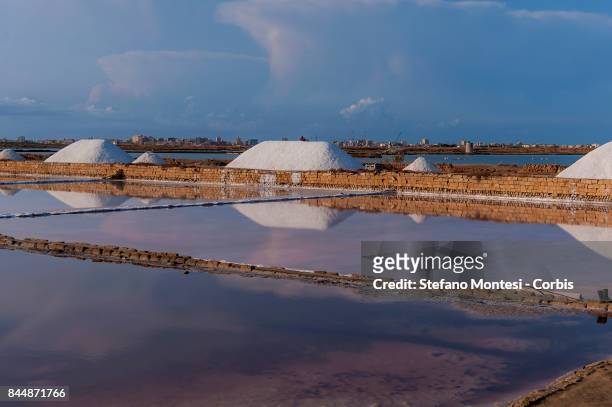 The salt harvested in the Chiusicella salt flats in the Saline di Trapani and Paceco Nature Reserve, along Salt Road on September 8, 2017 in Trapani,...