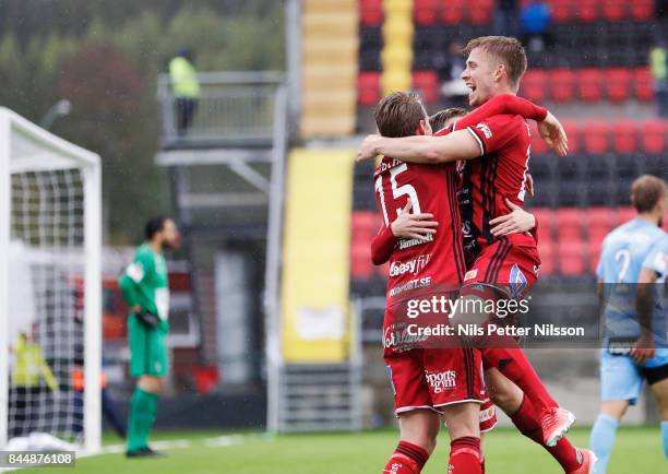 Tim Bjorkstrom of Oestersunds FK celebrates after scoring to 1-0 during the Allsvenskan match between Ostersunds FK and Athletic FC Eskilstuna at...