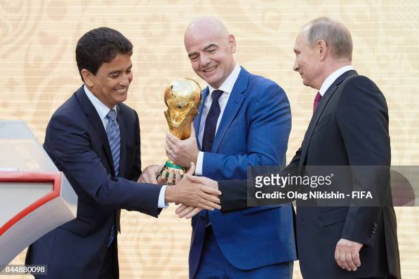 Legends Bebeto, FIFA President Gianni Infantino and Russian Federation President Vladimir Putin on th stage during FIFA World Cup Trophy Tour at...