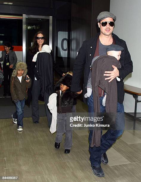Actor Brad Pitt and Angelina Jolie arrive at Narita International Airport with their children Maddox, Vivienne, Zahara and Knox on January 27, 2009...
