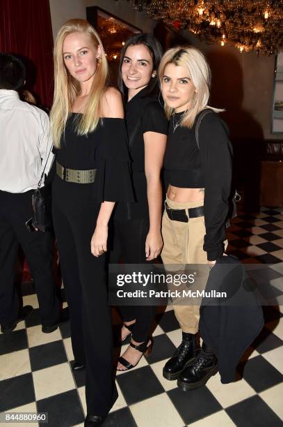 Emma Atterholm, Alexa Arcaini and Kelsey Kizolek attend the Nicole Miller Spring 2018 Presentation at Gramercy Terrace at The Gramercy Park Hotel on...