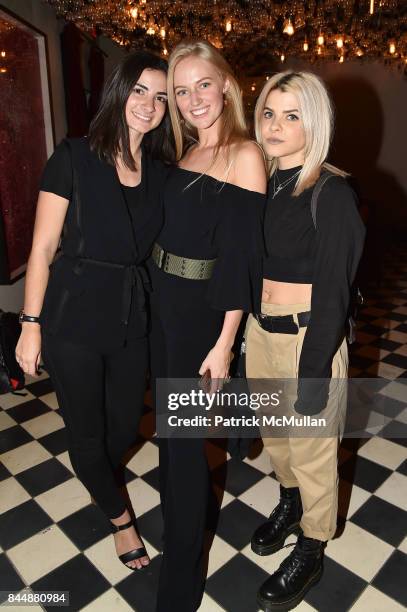 Emma Atterholm, Alexa Arcaini and Kelsey Kizolek attend the Nicole Miller Spring 2018 Presentation at Gramercy Terrace at The Gramercy Park Hotel on...