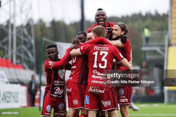 Tim Bjorkstrom of Oestersunds FK celebrates after scoring to 1-0 during the Allsvenskan match between Ostersunds FK and Athletic FC Eskilstuna at...