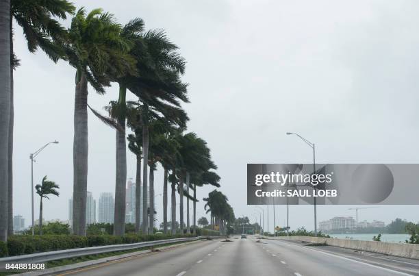 Main street leading to Miami Beach is nearly deserted as outer bands of Hurricane Irma arrive in Miami Beach, Florida, September 9, 2017. - Hurricane...
