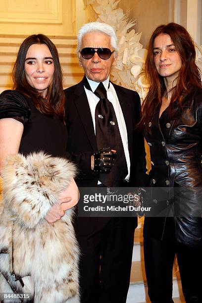 Elodie Bouche, Karl Lagerfeld and Joana Preiss attends Chanel fashion show during Paris Fashion Week Haute Couture Spring/Summer 2009 on January 27,...