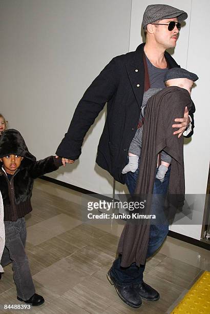 Actor Brad Pitt arrives at Narita International Airport with his children Zahara and Knox on January 27, 2009 in Narita, Chiba, Japan. Brad is...