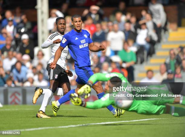 Fulham's Ryan Sessegnon shoots wide of goal past Neil Etheridge Cardiff City's during the Sky Bet Championship match at Craven Cottage, London.
