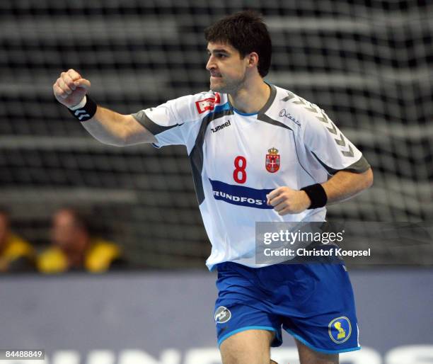 Nenad Vuckovic of Serbia celebrates a goal during the Men's World Handball Championships main round match group two between Macedonia and Serbia at...