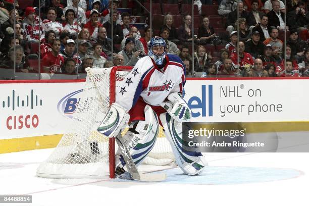 Western Conference All-Star goalie Roberto Luongo of the Vancouver Canucks looks on as he stands in the crease during the 2009 NHL All-Star game at...