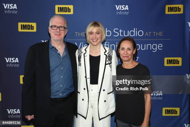 Actor Tracy Letts, director Greta Gerwig and actress Laurie Metcalf of 'Lady Bird' attend The IMDb Studio Hosted By The Visa Infinite Lounge at The...