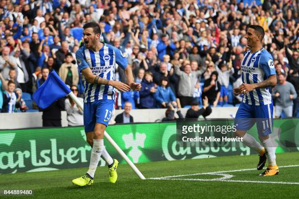 Pascal Gross of Brighton and Hove Albion celebrates scoring his sides second goal during the Premier League match between Brighton and Hove Albion...