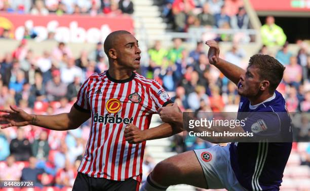 James Vaughn of Sunderland in action during the Sky Bet Championship match between Sunderland and Sheffield United at Stadium of Light on September...
