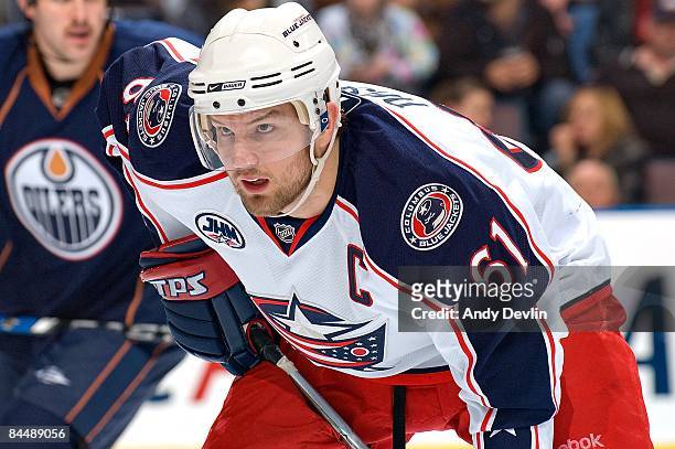 Rick Nash of the Columbus Blue Jackets lines up for a face-off during a game against the Edmonton Oilers at Rexall Place on January 20, 2009 in...