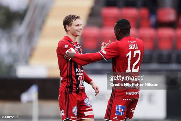 Johan Bertilsson of Oestersunds FK celebrates after scoring to 3-0 during the Allsvenskan match between Ostersunds FK and Athletic FC Eskilstuna at...