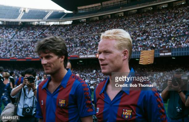 Footballers Michael Laudrup and Ronald Koeman of FC Barcelona, circa 1990.