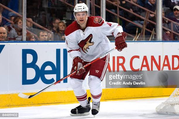Zbynek Michalek of the Phoenix Coyotes concentrates on the puck against the Edmonton Oilers at Rexall Place on January 18, 2009 in Edmonton, Alberta,...