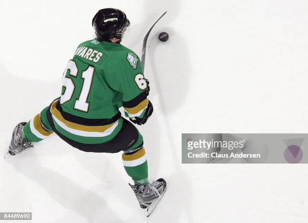 John Tavares of the London Knights gets set to fire a shot in a game against the Sudbury Wolves on January 25, 2009 at the John Labatt Centre in...