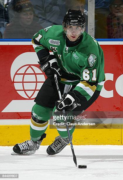 John Tavares of the London Knights heads away with the puck in a game against the Sudbury Wolves on January 25, 2009 at the John Labatt Centre in...