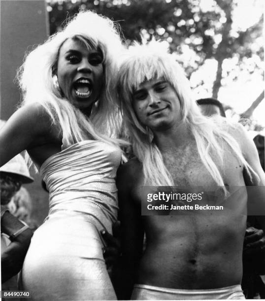 Portrait of entertainer Ru Paul and friend while attending the festivities at Wigstock in New York City, 1988.