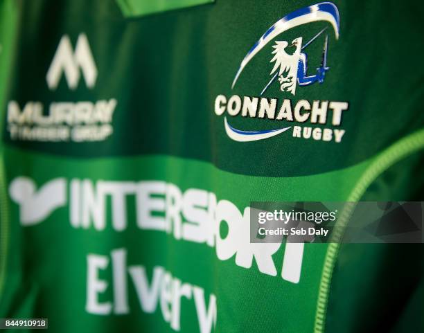 Galway , Ireland - 9 September 2017; A detailed view of the Connacht jersey crest prior to the Guinness PRO14 Round 2 match between Connacht and...