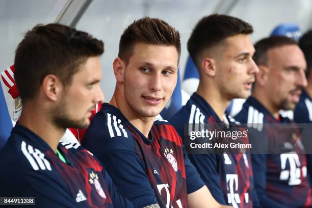 Niklas Suele of Bayern Muenchen on the bench during the Bundesliga match between TSG 1899 Hoffenheim and FC Bayern Muenchen at Wirsol...