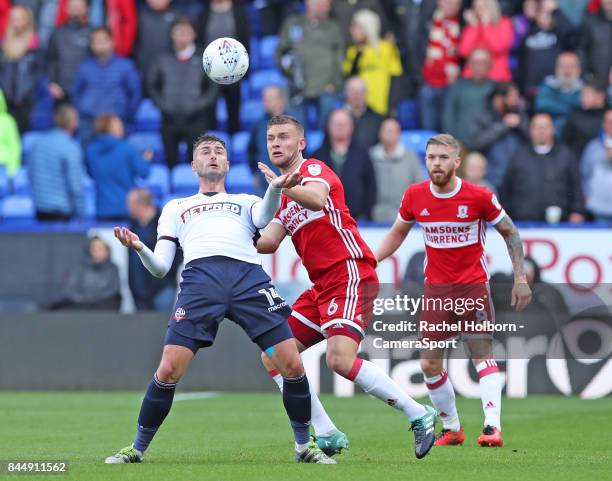 Ben Gibson and Bolton Wanderers' Gary Madine during the Sky Bet Championship match between Bolton Wanderers and Middlesbrough at Macron Stadium on...
