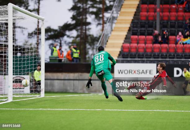 Johan Bertilsson of Oestersunds FK scores the decisive goal to 3-0during the Allsvenskan match between Ostersunds FK and Athletic FC Eskilstuna at...