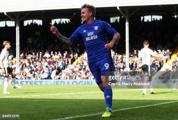 Danny Ward of Cardiff City celebrates scoring during the Sky Bet Championship match between Fulham and Cardiff City at Craven Cottage on September 9,...