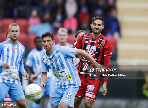 Thomas Piermayer of Athletic FC Eskilstuna and Sotirios Papagiannopoulus of Oestersunds FK during the Allsvenskan match between Ostersunds FK and...