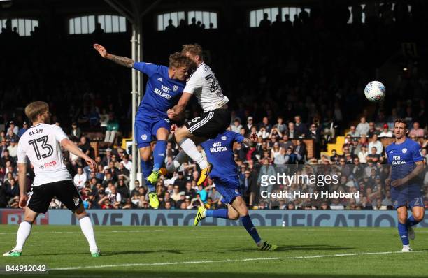 Danny Ward scores for Cardiff City during the Sky Bet Championship match between Fulham and Cardiff City at Craven Cottage on September 9, 2017 in...