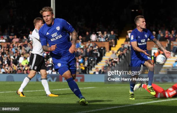 Danny Ward of Cardiff City celebrates scoring during the Sky Bet Championship match between Fulham and Cardiff City at Craven Cottage on September 9,...