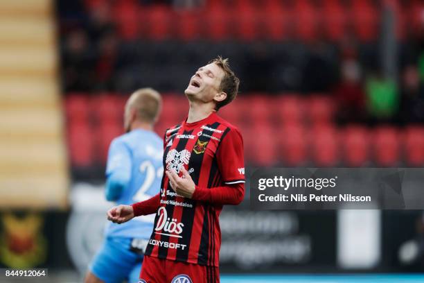 Johan Bertilsson of Oestersunds FK dejected during the Allsvenskan match between Ostersunds FK and Athletic FC Eskilstuna at Jamtkraft Arena on...