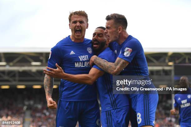 Cardiff City's Danny Ward celebrates scoring his side's first goal of the game during the Sky Bet Championship match at Craven Cottage, London.