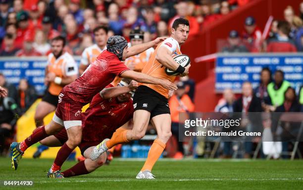 Limerick , Ireland - 9 September 2017; Shaun Venter of Cheetahs is tackled by Duncan Williams, left, and Liam OConnor of Munster during the Guinness...