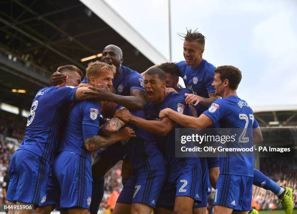 Cardiff City's Danny Ward celebrates scoring his side's first goal of the game with team-mates during the Sky Bet Championship match at Craven...