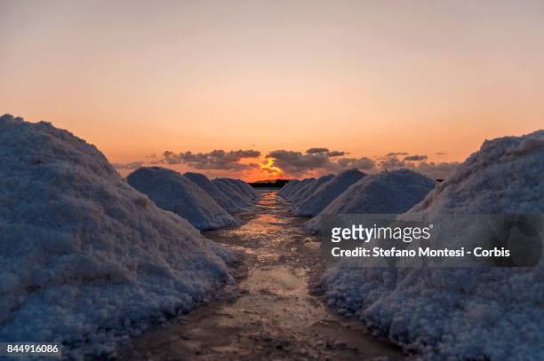 The salt harvested at sunset in the Culcasi salt flats in the Saline di Trapani and Paceco Nature Reserve, along Salt Road on September 8, 2017 in...